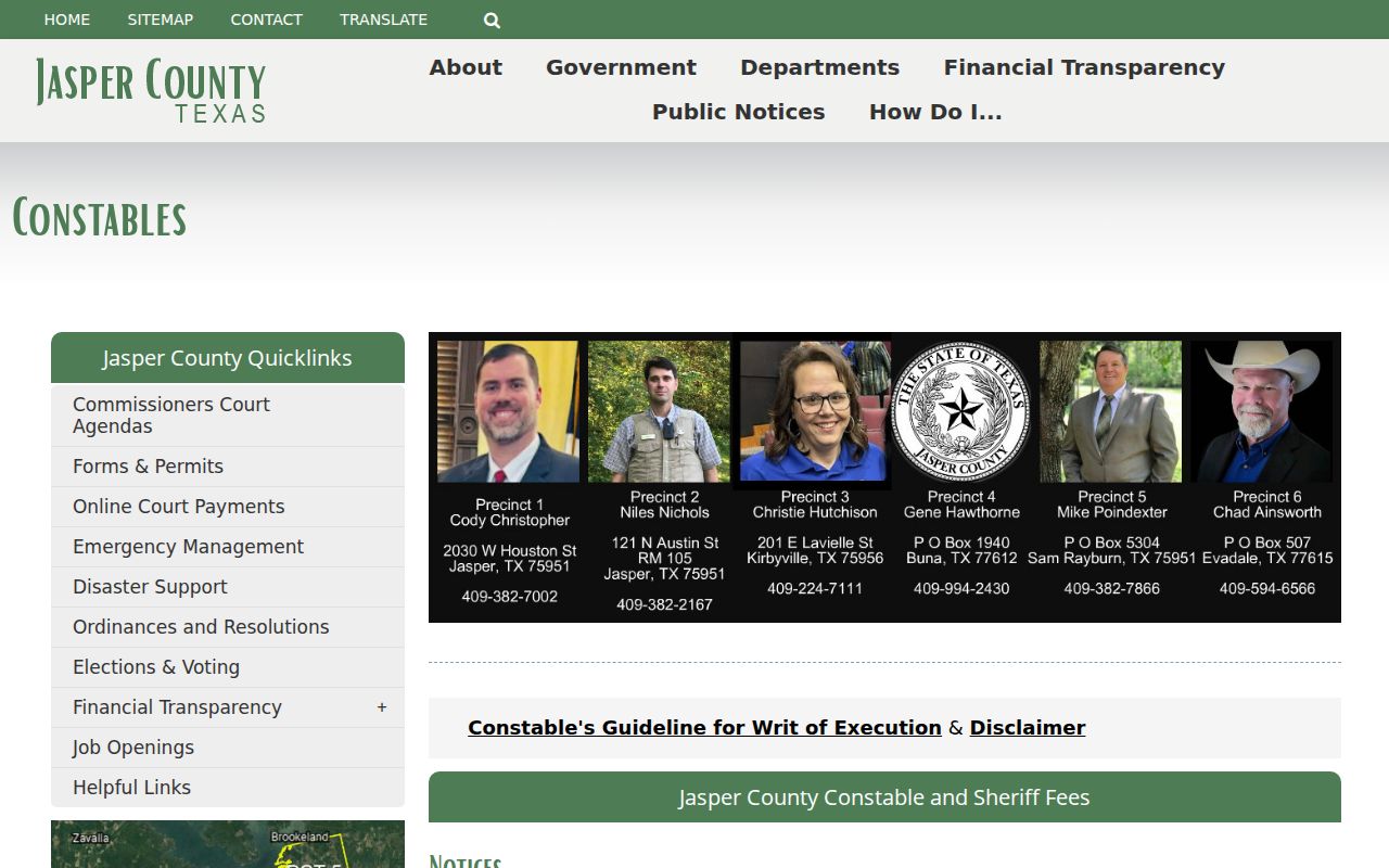 Jasper County constable process contacts relevant to arrest warrant service
