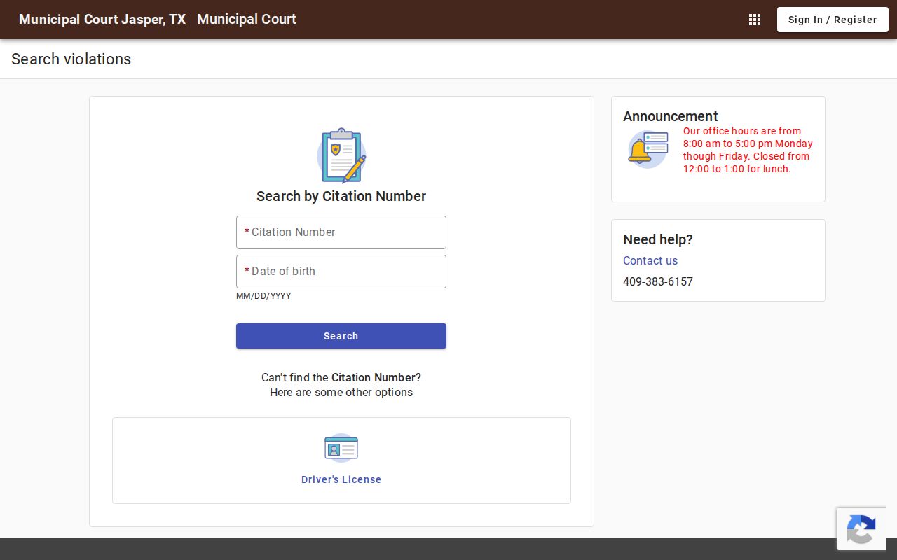 Jasper County city citation portal traffic search method labels