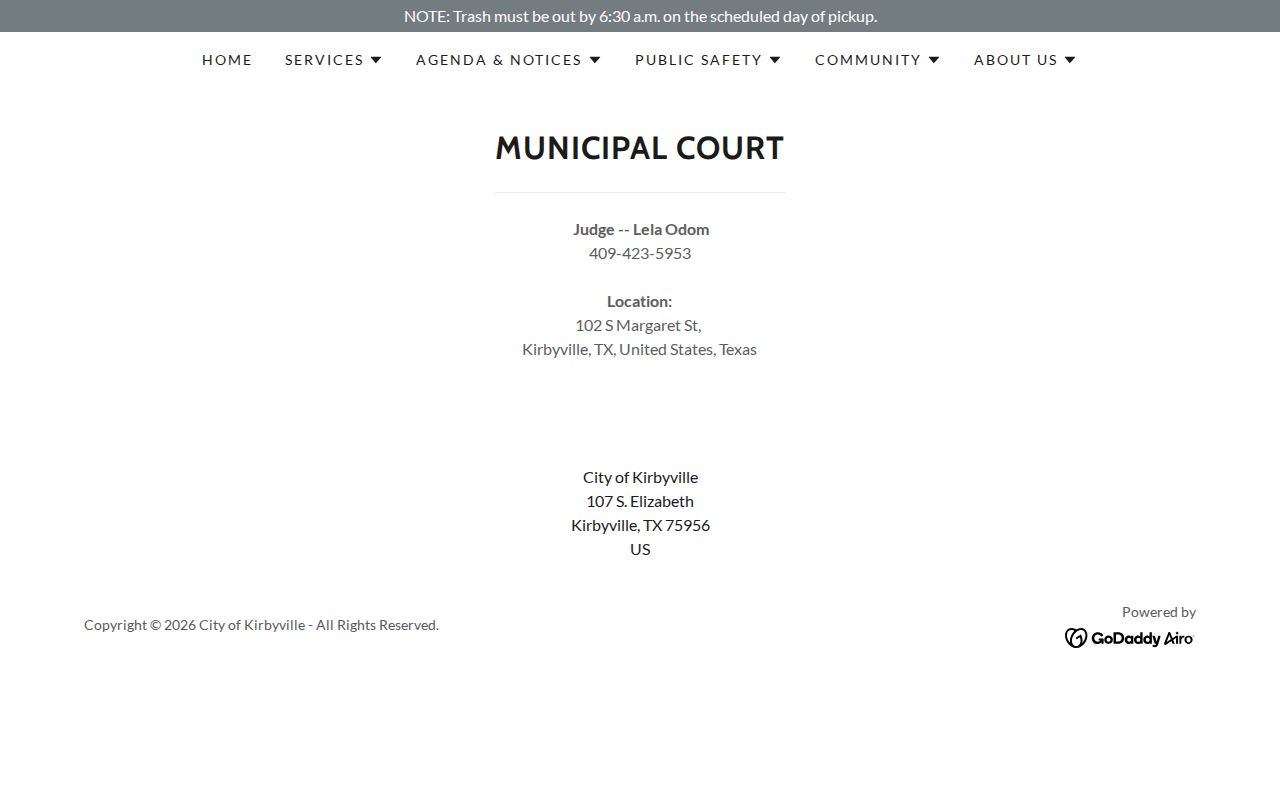 Kirbyville Municipal Court contact for Kirbyville warrant records