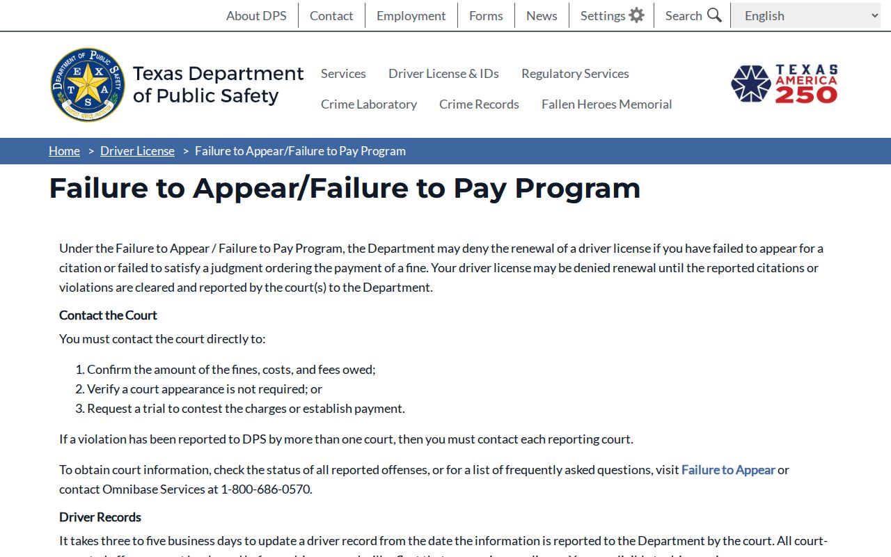 Texas DPS FTA and FTP license compliance information for Jasper County traffic cases
