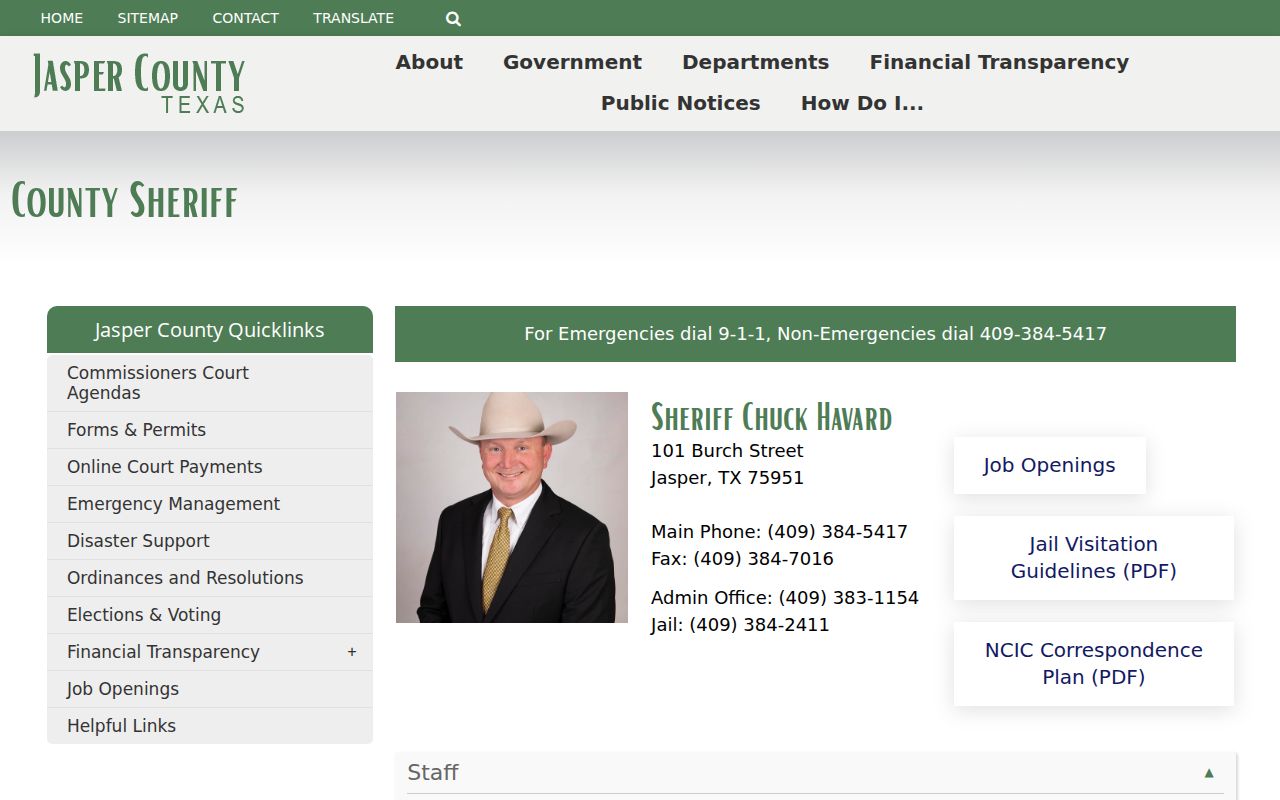 Jasper County Sheriff and jail information for warrant record questions